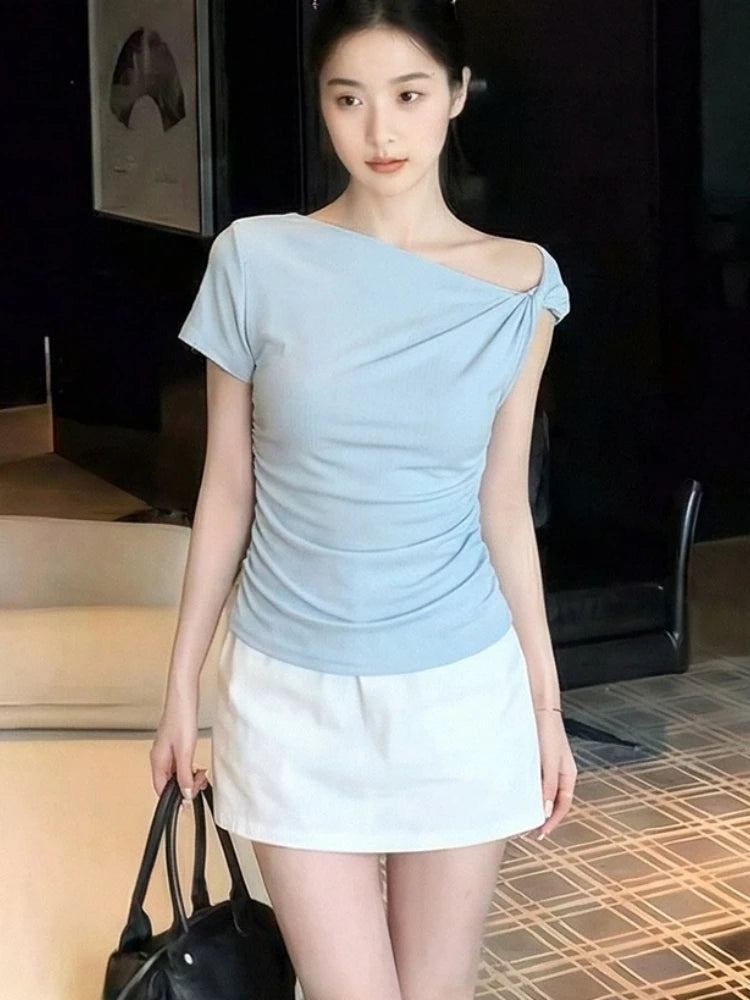 White Diagonal Shoulder Short Sleeve Crop Top 2026 Summer Solid Waist Pleated Women T-shirt Korean Style Minimalist Slim Tee