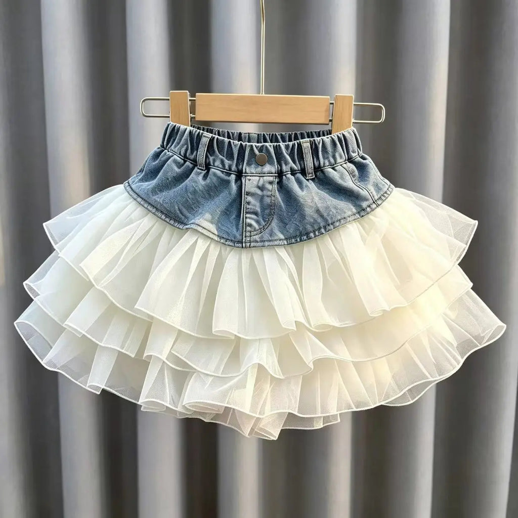 Girls' Summer Denim Short Skirt Patchwork Mesh Cake Style Children's Kids' New Fashion Skirt