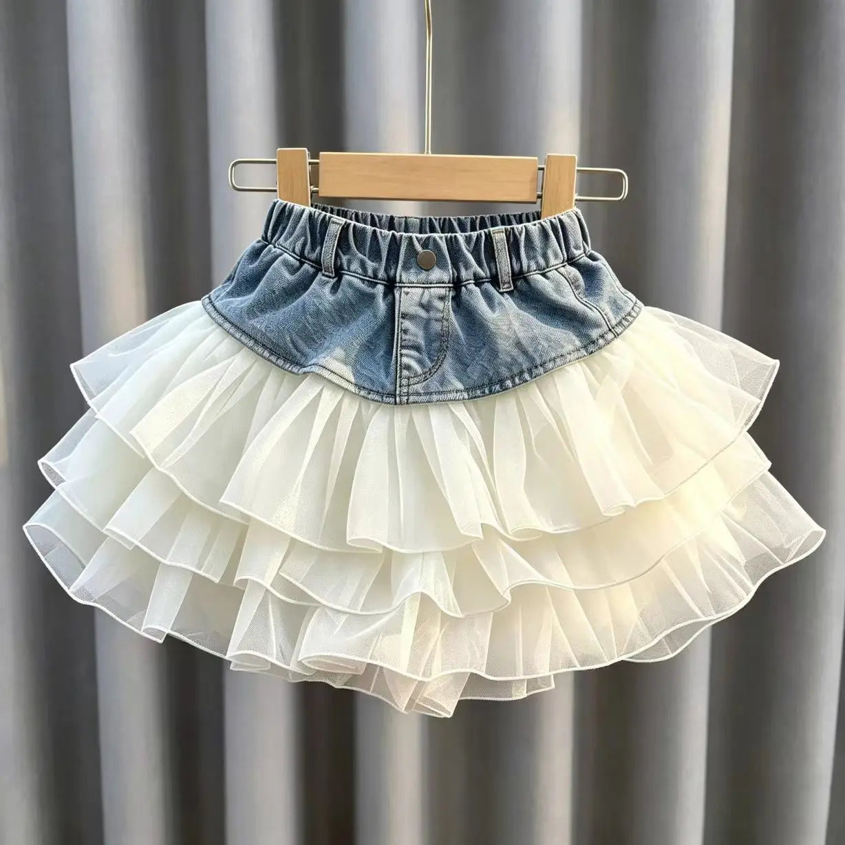 Girls' Summer Denim Short Skirt Patchwork Mesh Cake Style Children's Kids' New Fashion Skirt