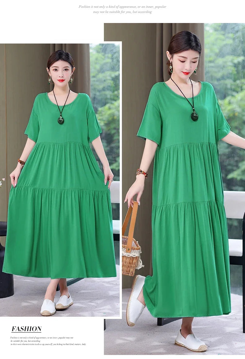 Women's Oversized A-Line Midi Dress – Loose Fit Short Sleeve Summer Sundress
