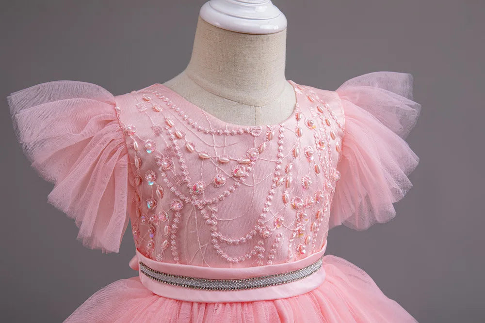 HETISO Girl Christmas Dresses Trailing Kid's Dress for Girls Retro Lace Sequined Children's Wedding Party Ball Gown 6 8 10 Years