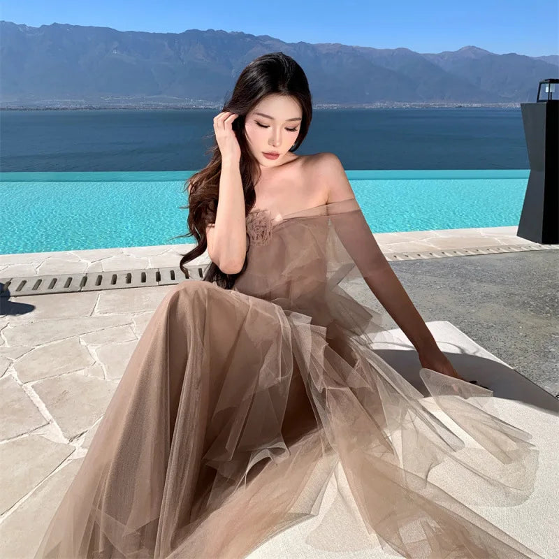 French Style plus Size Long Asymmetrical Shoulder Women's Dress Spring 2026 New Net Skirt High Waist Suede Fabric Casual Stre...