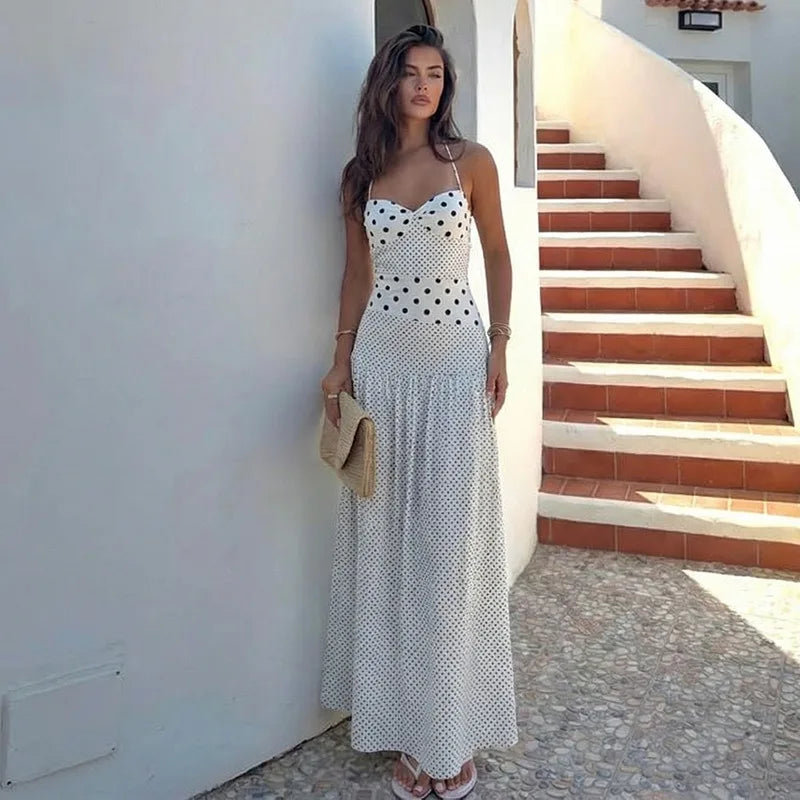 2026 Summer New Collection Womens Sexy Neck Hanging Polka Dots Retro Pleated Temperament Polka Dot Dress