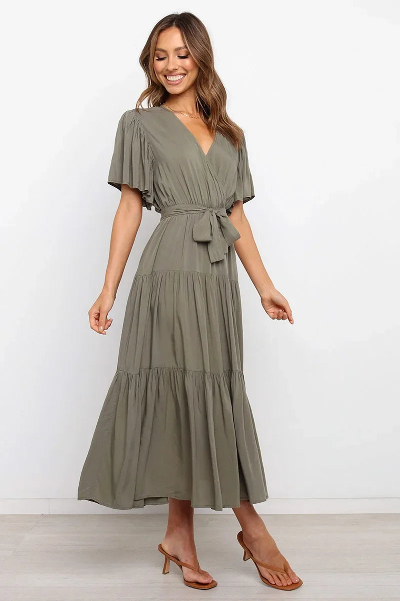 Summer Bohemian Long Dress Pure Color V-Neck Short Sleeve Empire Waist Design Floor Length with Belt Loose Fit Women's Dress