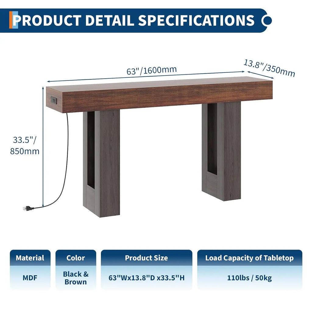 63" Entryway Console Table with Power Outlet, Rustic Brown Wooden Narrow Sofa Table for Hallway Foyer Living Room, Customized
