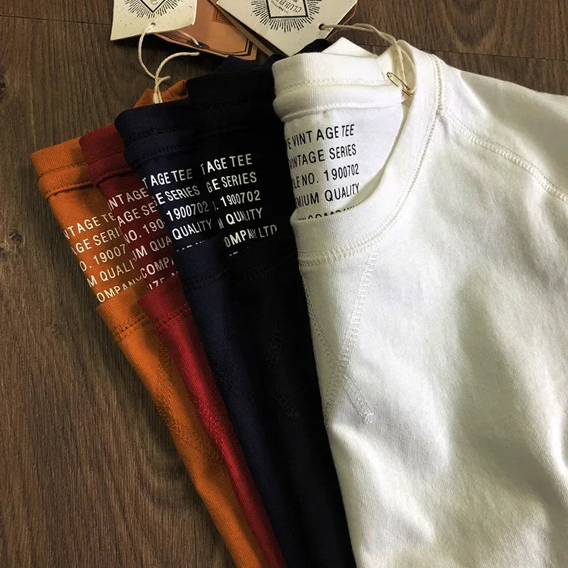 220gsm Heavyweight 100% Cotton Raglan Sleeve T-shirt Men's Short Sleeve Japanese Retro Loose Round Neck Summer T-shirt Tees Tops