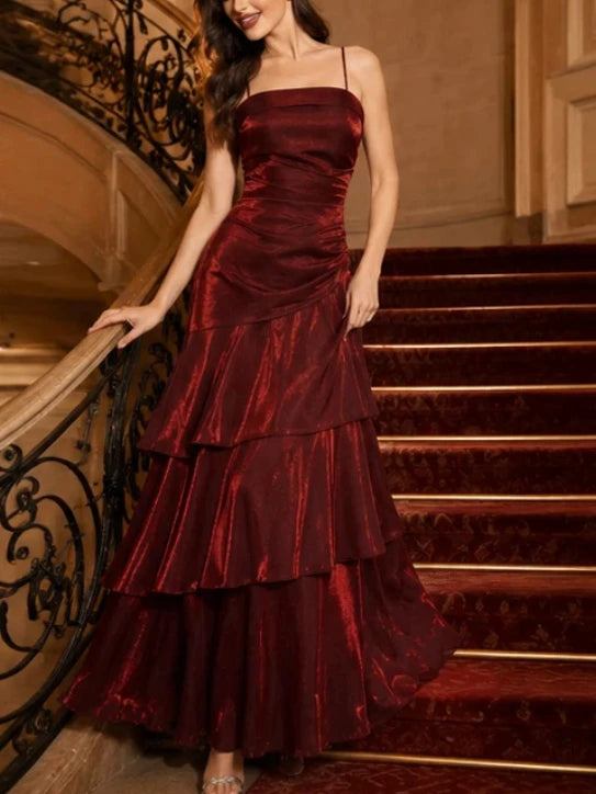 Elegant French Spaghetti Strap Maxi Evening Party Dress Women Slim Fit Ruffle Hem Party Prom Dresses Banquet Gown Wedding Guest