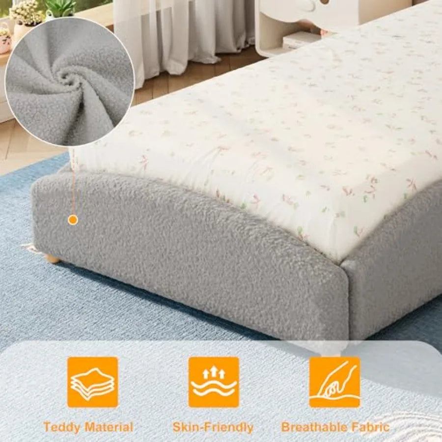 Twin Size Bed Frame for,Light Gray Fabric Upholstered with Wooden Slats and Hidden Storage Compartment