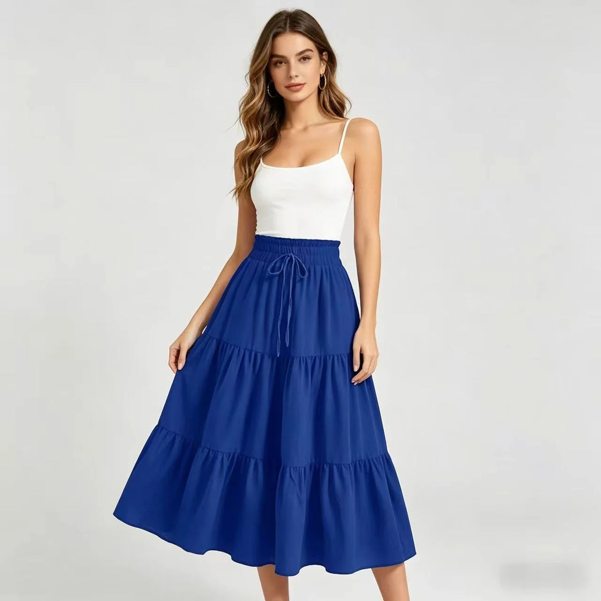 Elegant High Waist A-Line Midi Skirt with Drawstring Pure Color Women's Fashionable Versatile Half-length Skirt for Casual Tr...