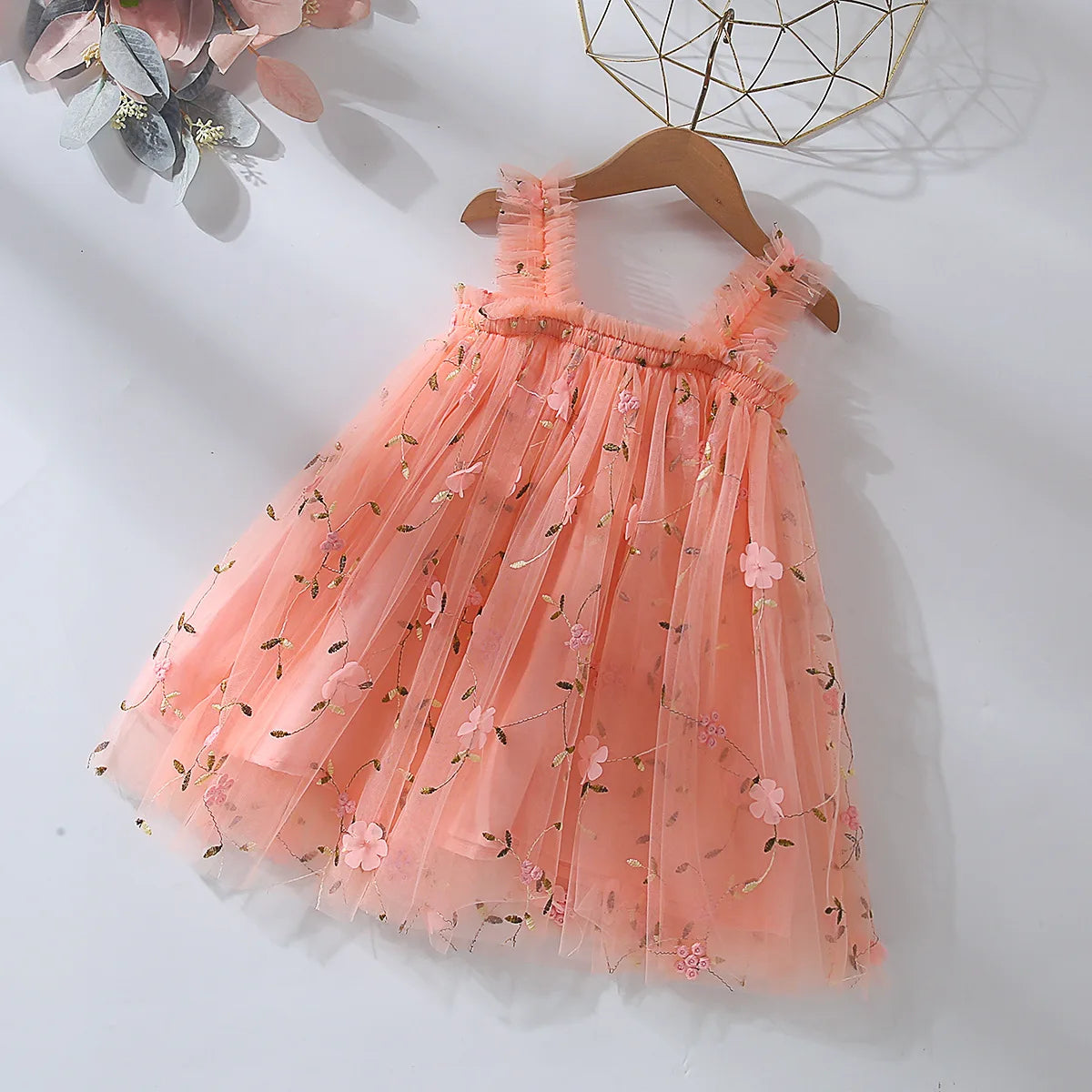 Toddler Baby Girl Princess Embroidery Strap Tutu Dress Sleeveless Flower Kid Mesh Vestido Party Birthday Baby Girl Beach Clothes