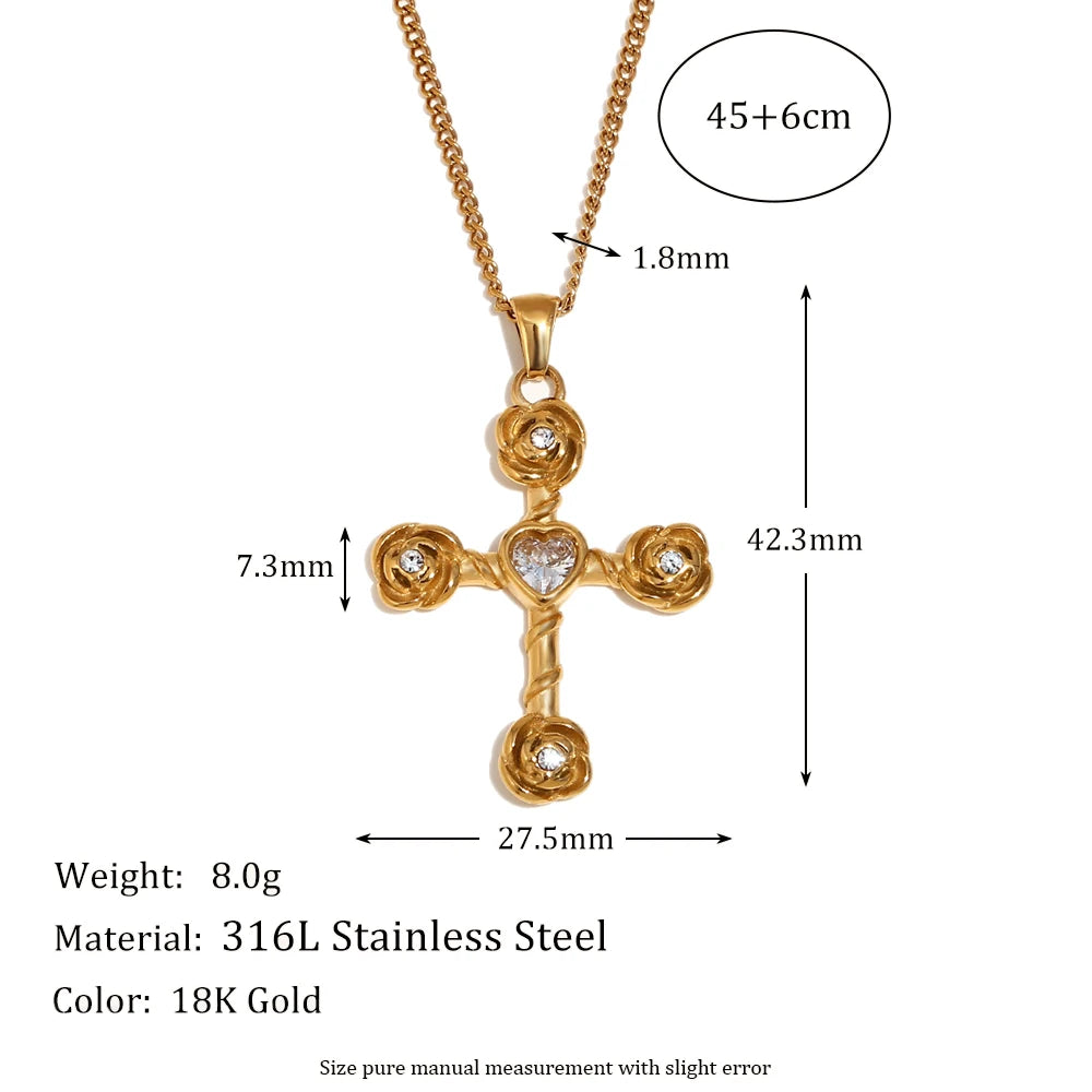 E.B.Belle Fashion Style Luxury Clear Zircon Cross Series Pendant Necklace 18K Gold Plated Stainless Steel Women'S Jewelry