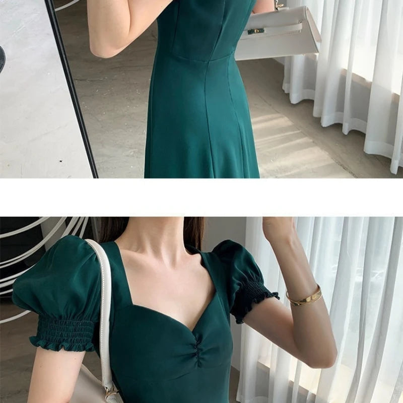 Women'S Summer V-Neck Puff Short-Sleeved Dress Elegant Female Side Slit Long A-Line Dresses Solid Sexy Slim Evening Vestidos