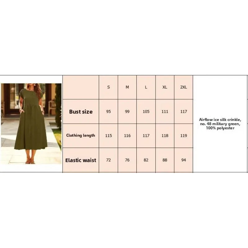 New Casual Round Neck Short Sleeve Solid Flowy Maxi Dress Women EU US Gown