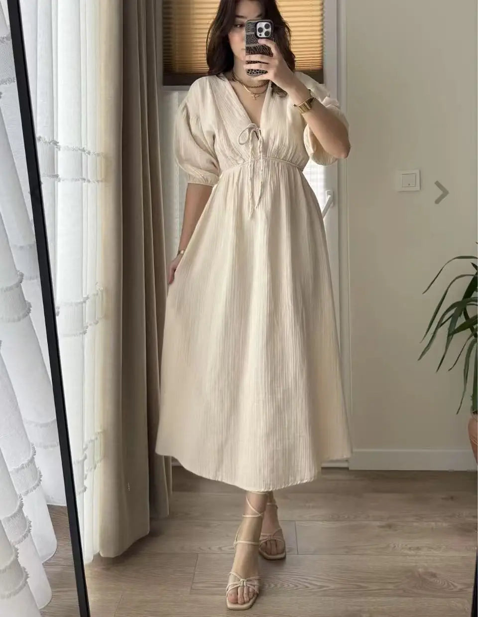 Dress Women Dresses A Line Puff Sleeve Vestidos V Neck Elastic Waist Elegant Mid Length Solid Y2k Streetwear Work Lace Up Summer