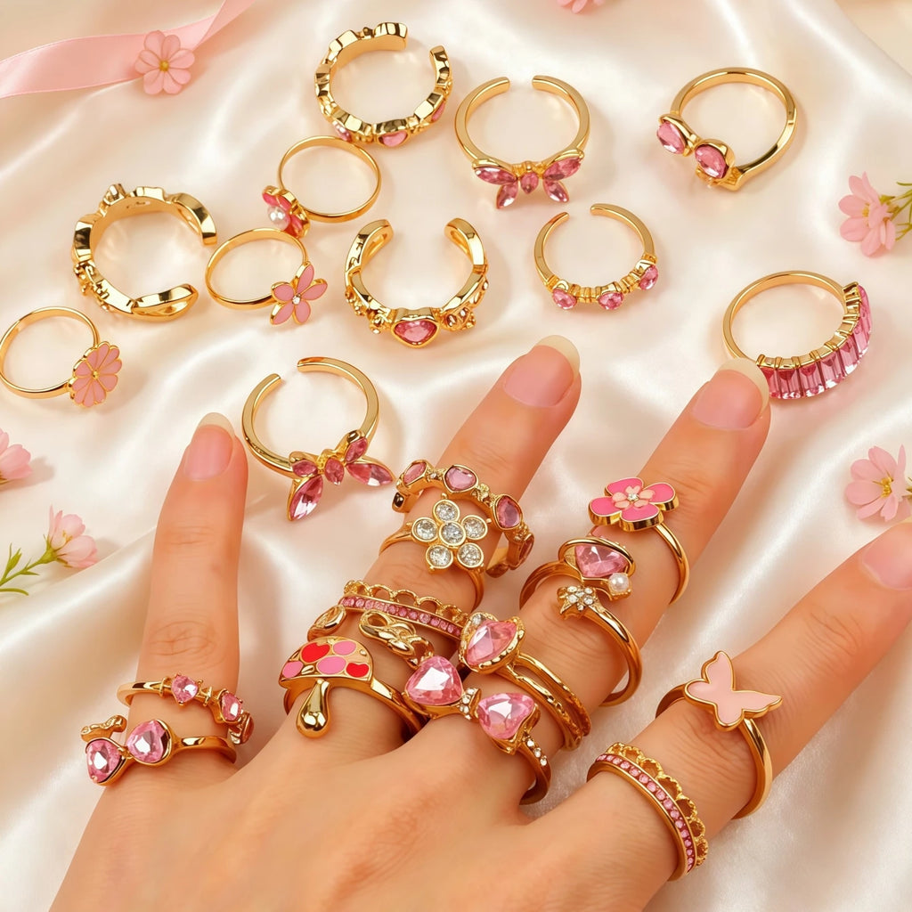 10Pieces Fashion Pink Rhineston Rings Set For Women Mix Style Butterfly Heart Love Open Adjustion Daily Jewelry Party Gifts