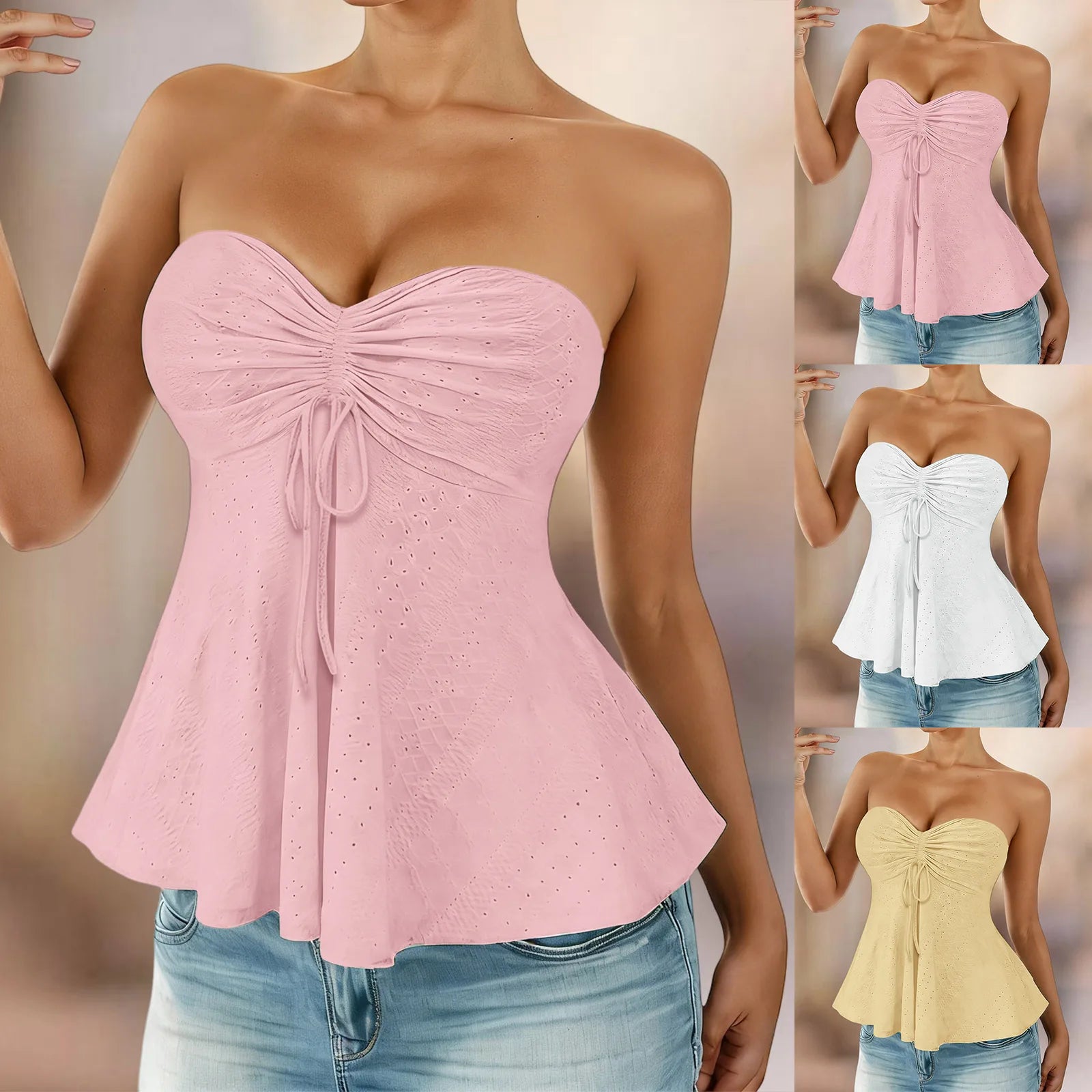 Chic Off Shoulder Bandeau Ruffled Vest Tops Women Summer Sleeveless Backless Strapless Tank Tops Street Casual Eyelet Cami Top