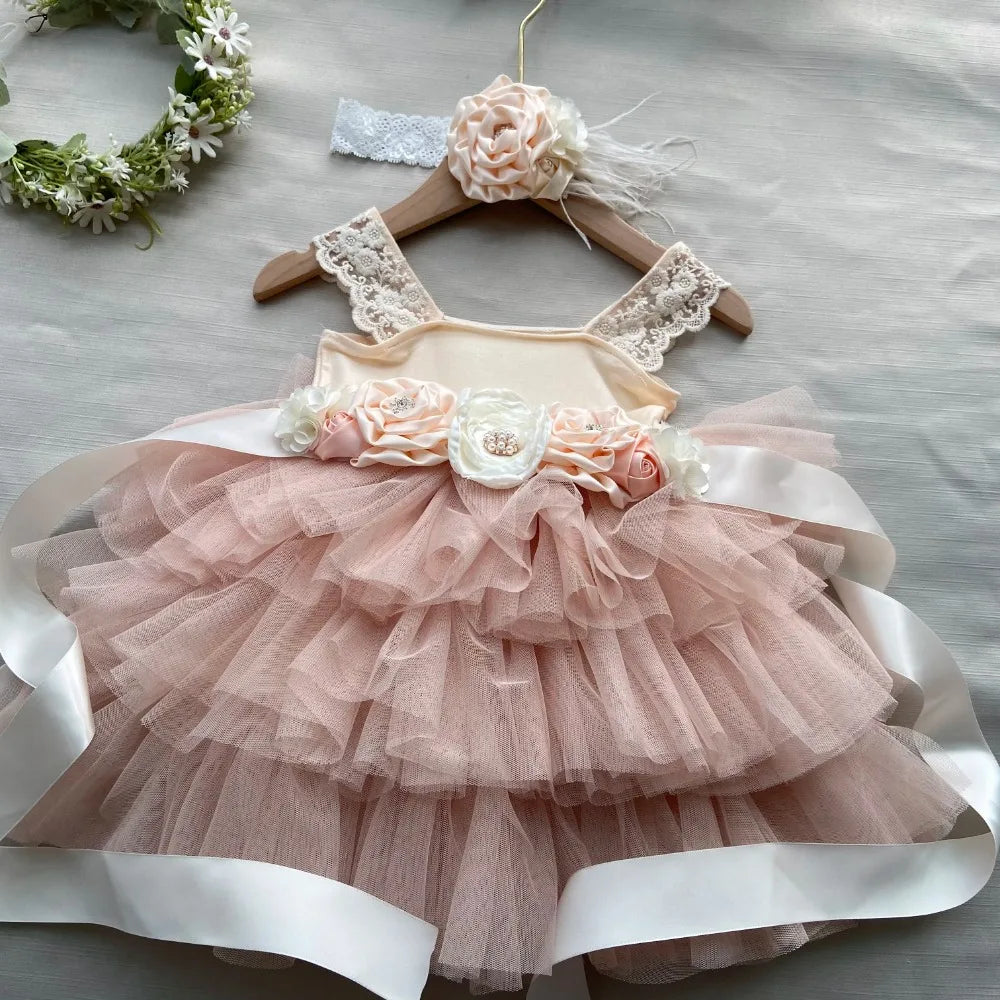 New Born Baby Girls Birthday Dress for Kids Flowers Girls Party Tutus Costume Belt Headband 3pcs Outfit Set Princess Vestidos