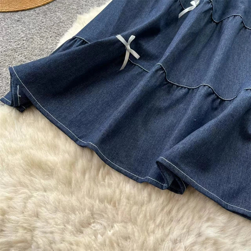 Karofi Vintage Cotton Layered Denim Skirt Women Elastic High Waist Bow Detail Flowy Long Casual A Line Long Midi Skirt