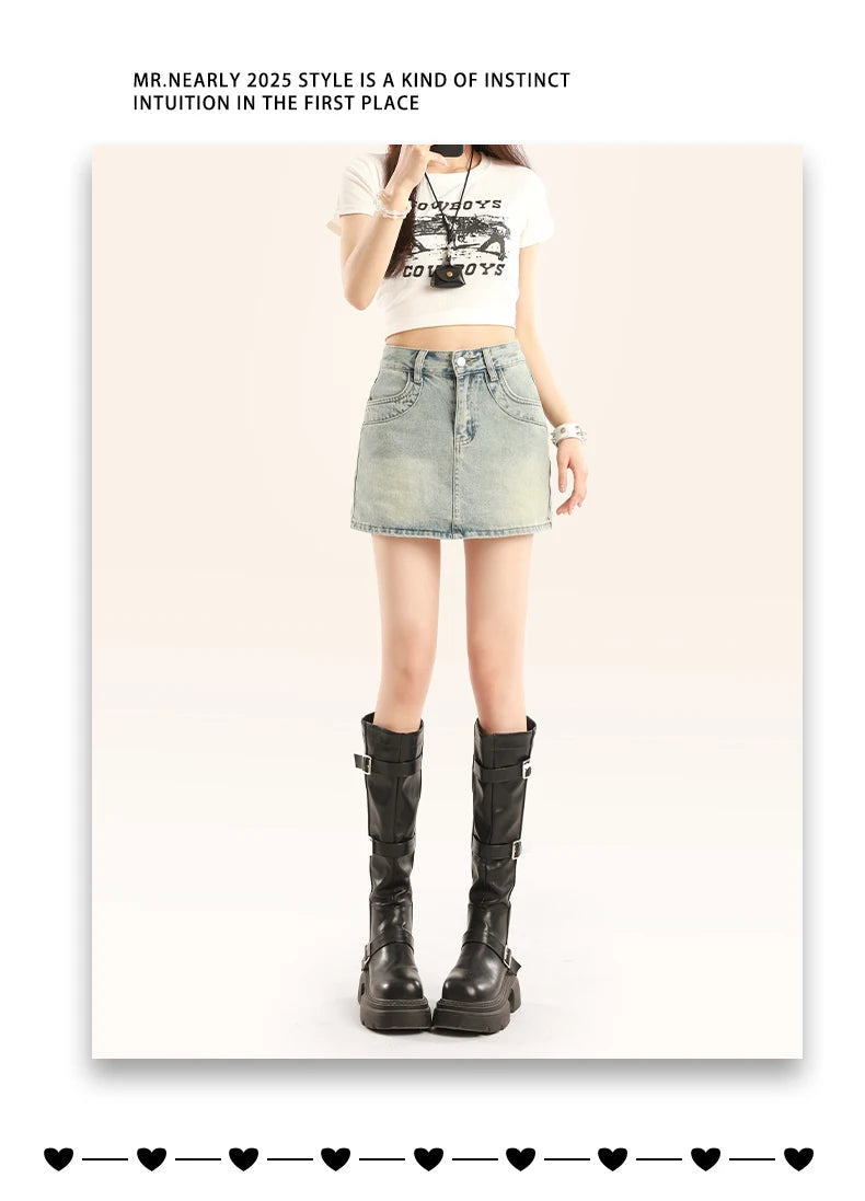 Light Blue Spicy Girl High Waist Denim  Skirt Women's A-Line Bodycon Short Skirt Summer New Style Slimming Anti-Light