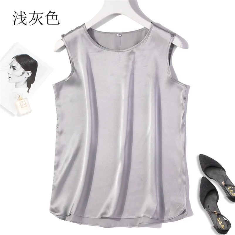 Elegant Fashion Satin Tank Tops Office Lady Blouse Shirts plus  Summer Slim Sleeveless Vest Women Simple O-neck Tops y2k clothes