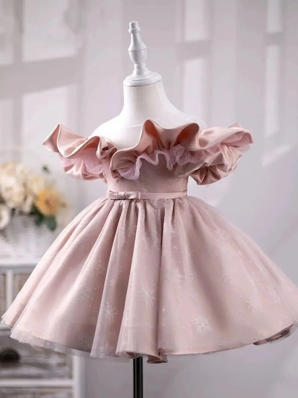 Dreamy Vow J709 Lovely Pink Baby Girl Dress Delicate Ruffled Off-shoulder Snowflake Patterns Winter Party Ball Gown