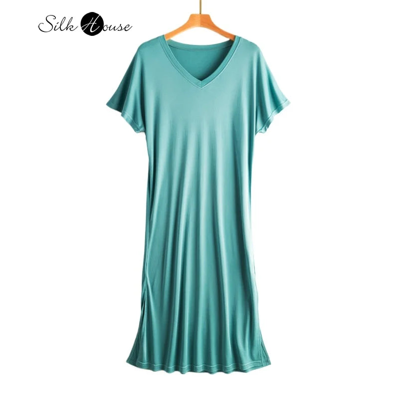 Women's Casual Summer New 23% Natural Mulberry Silk Side Slit V-neck Loose Shoulder Short Sleeved Solid Color Base Knitted Dress