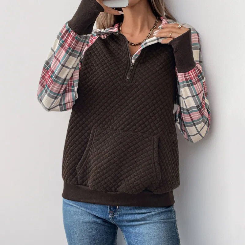 Women's Quilted Half Zip Pullover Plaid Sleeve Kangaroo Pocket Sweatshirt 2026