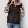 Women's Quilted Half Zip Pullover Plaid Sleeve Kangaroo Pocket Sweatshirt 2026