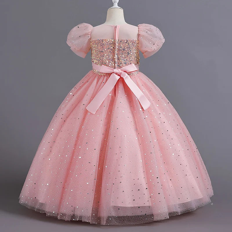 Girls Princess Sequin Bubble Sleeve Long Mesh Flower Dress – Wedding & Summer Party