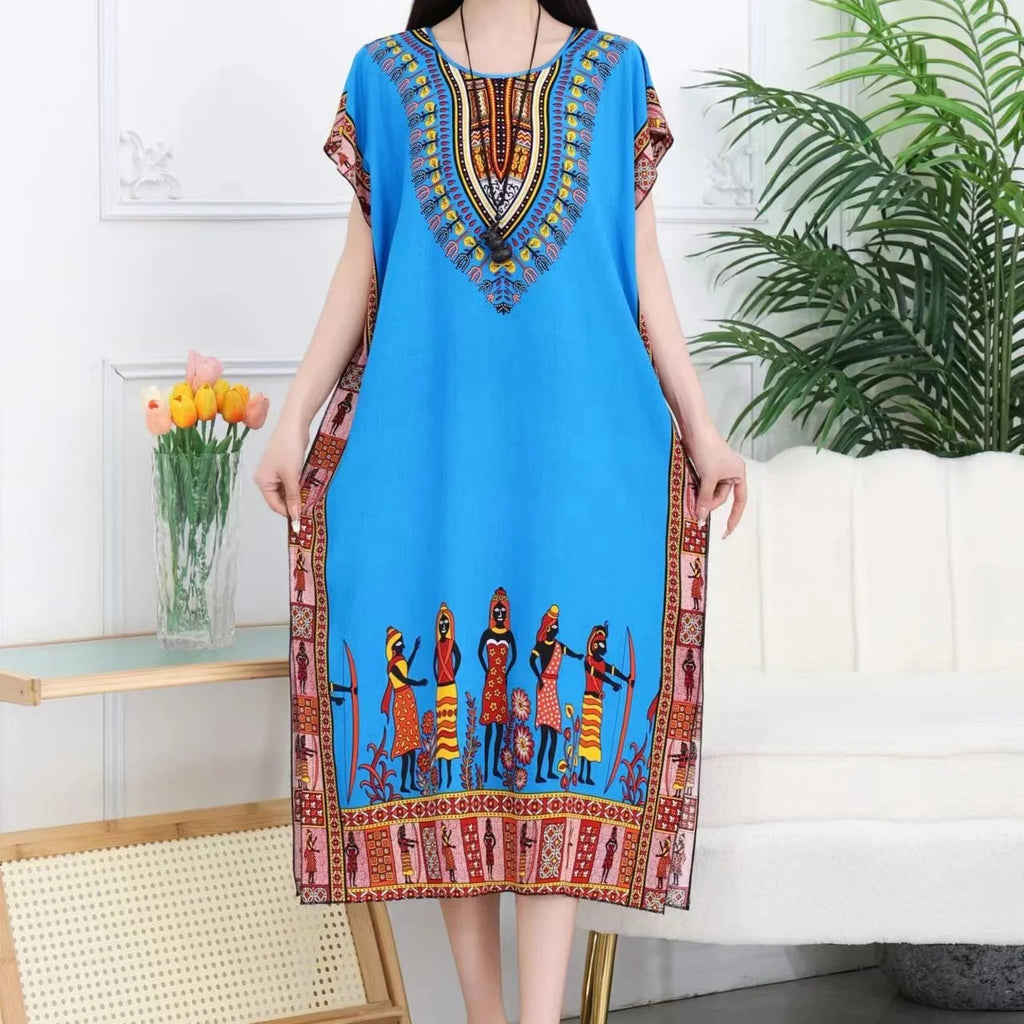 Summer New Casual Elegant Retro Bohemian Style V-neck Elastic Waist Large Swing Printed Long Skirt Autumn Summer Dress
