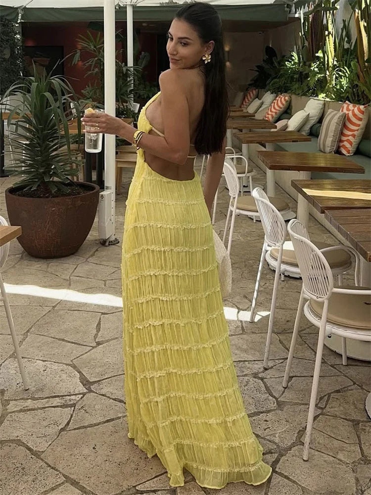 Tossy Spring Fashion Patchwork Long Dress For Women Lace-Up Backless High Waist Solid Holiday Beach Dress Ladies Maxi Dress 2025