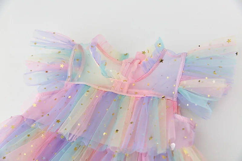 Girls Rainbow layered Dress Birthday Dress Teens Girl Clothes Summer Sequined Princess Mesh Tutu Dresses Kid Party Costume