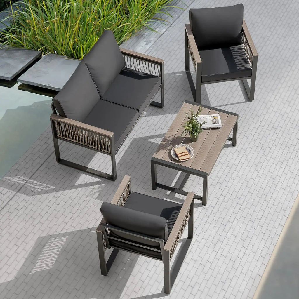 4 Pieces Outdoor Patio Furniture Set, 4 Seats Sectional with Coffee Table, All Weather Wicker Patio Conversation Sets, Custom