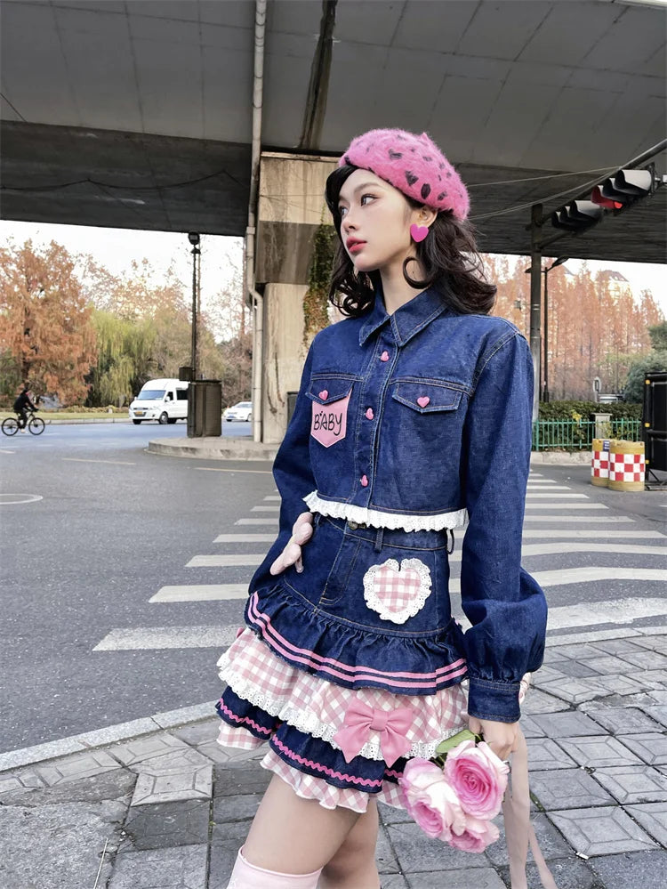 Japanese Sweet Lolita Mini Skirts Ball Gown Women Harajuku Cute Denim Skirt Preppy Style Girls High Waist Kawaii Lace Cake Skirt