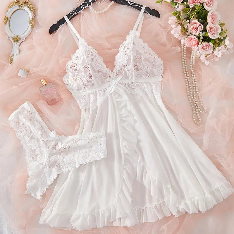 Women's Lace Nightdress Sleepwear Solid Slim Soft V Neck Full Slip Dress
