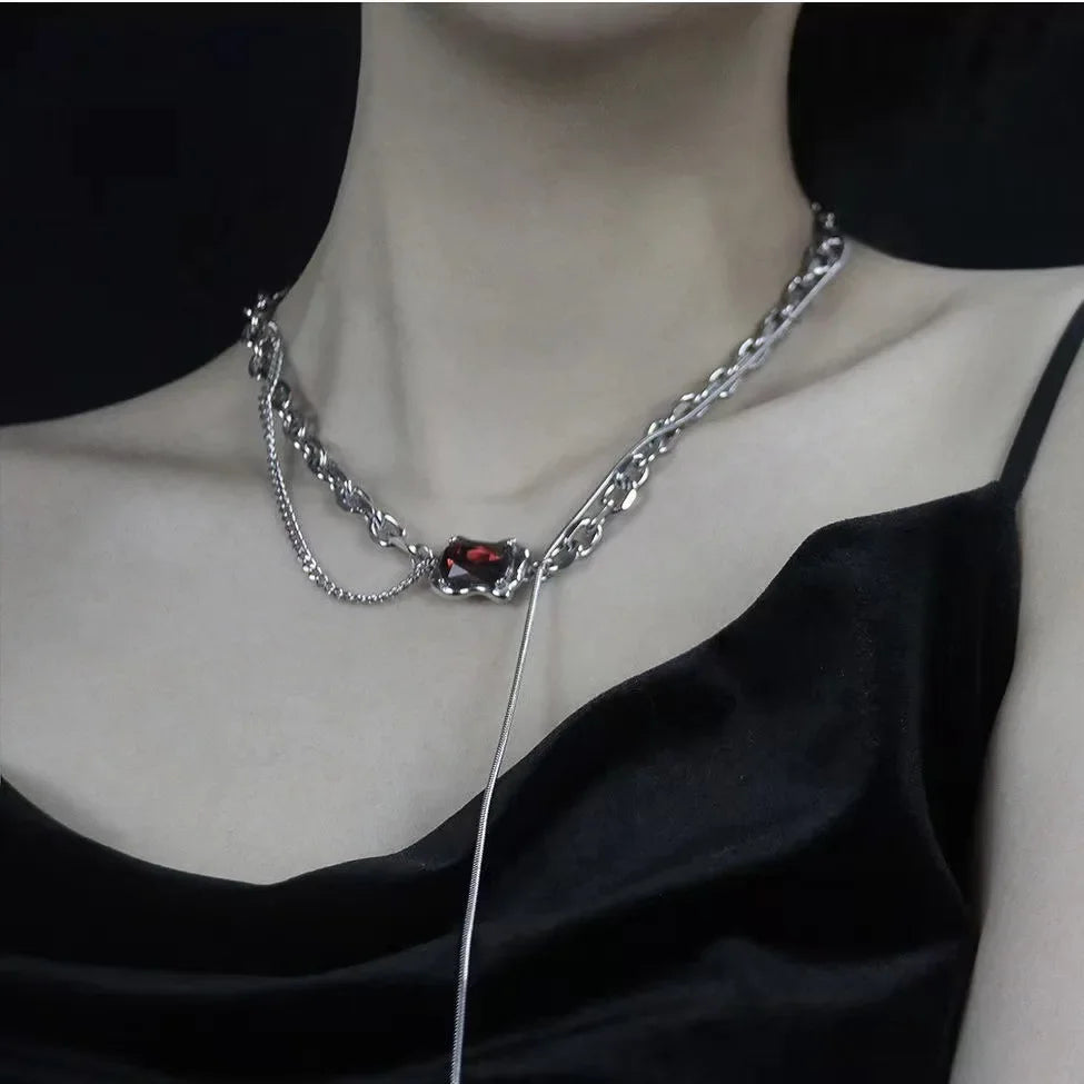 Punk Gothic Red Glass Cross Heart Pendant Pearl Necklace For Women'S Men Hip Hop Y2K 90S Short Choker Charms Jewelry Accessories
