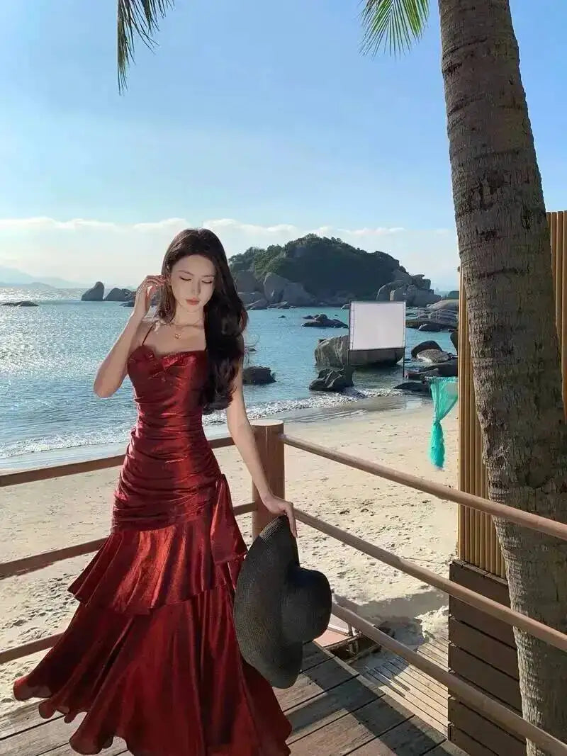 LGRQ 2026 Summer Blue Niche Strap Dress Fishtail Elegant Long Dresses Solid Color Female Elegant Party Gown 19DA2013