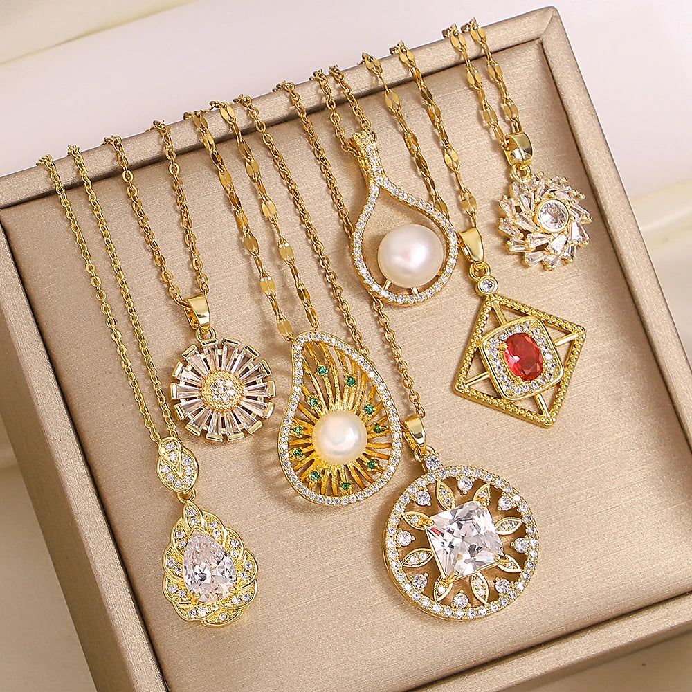 Elegant Zircon Pearl Waterdrop Flower Copper Pendant Necklace Gold Plated Stainless Steel Chain Charms Necklaces Jewelry Gifts