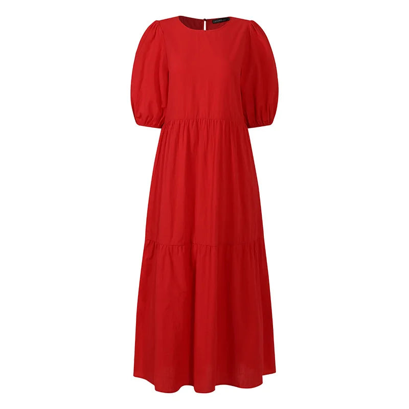 2026 Fashion Puff Short Sleeve Dress for Women Summer Solid Casual Sundress Comfort Cotton Maxi Dress Modest Robe Vestidos Femme