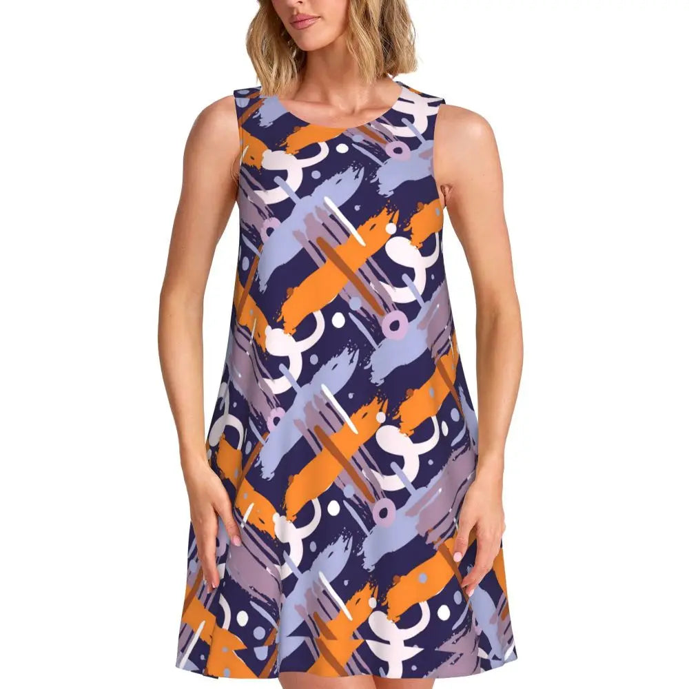 Gold Chains Print Casual Dress Anchor Korean Fashion Dresses Sleeveless Elegant Dress New Arrival Round Neck Lady Print Vestidos