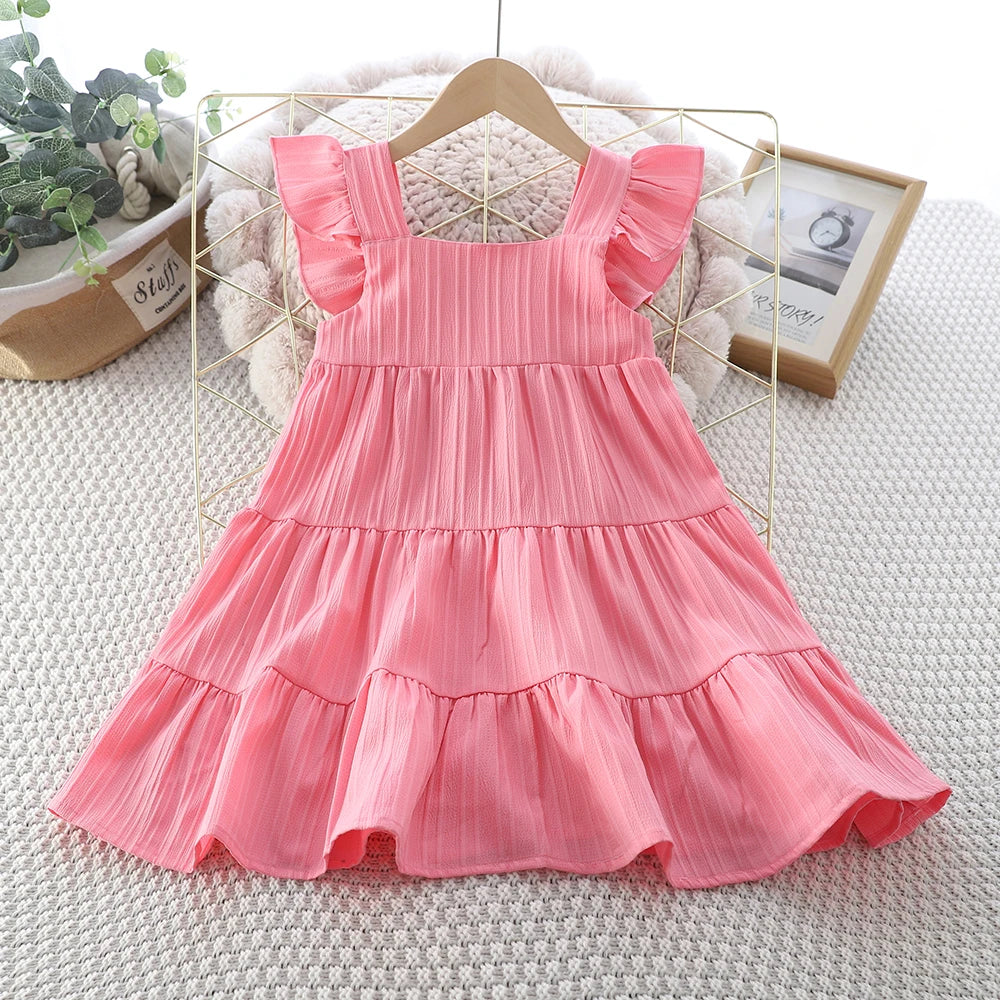 Girls Cake Princess Dress Solid Color Suspender Flying Sleeve Pink Dress Casual Kids Clothes Fashion Summer Wear