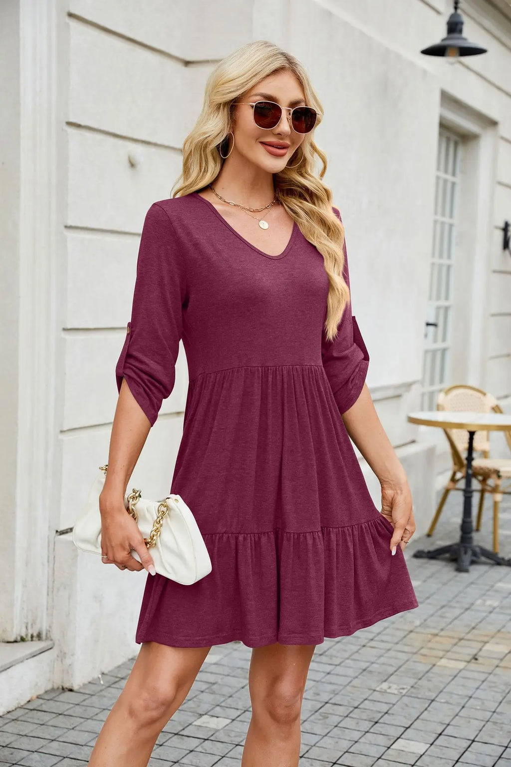 Women Spring Summer Loose 3/4 Sleeve V-Neck Ruched Ruffled Flowy Midi Dress EU US