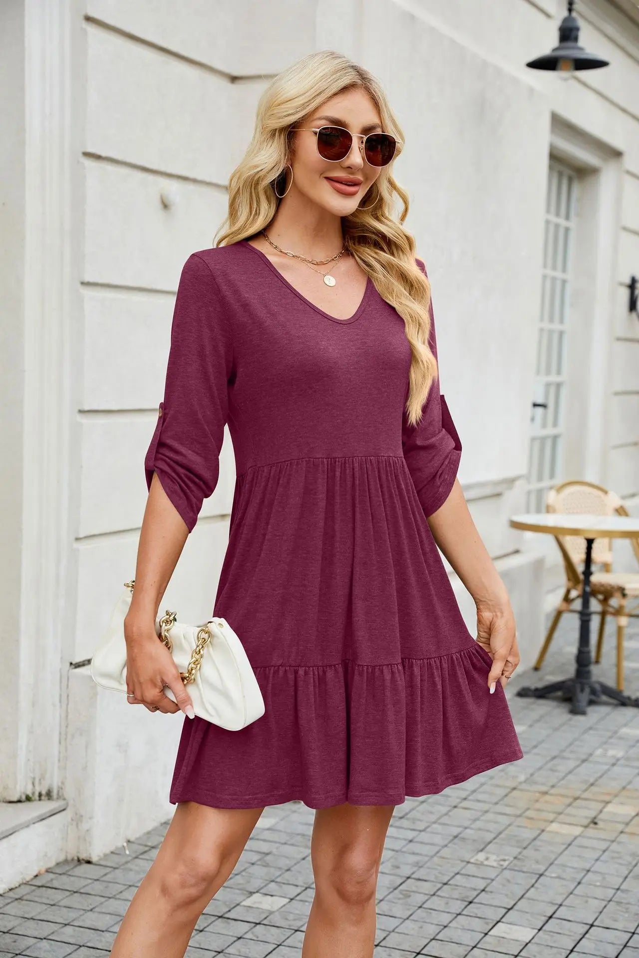 Women Spring Summer Loose 3/4 Sleeve V-Neck Ruched Ruffled Flowy Midi Dress EU US