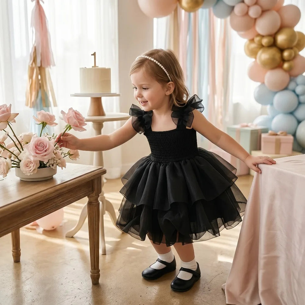 2026summer Fashion Baby Girl Princess Tutu Dress Bowknot Sleeve Child Tulle Vestido Pageant Party Birthday Baby Clothes 0-10Ynew