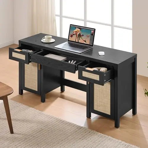 （Local US Inventory）Rattan Vanity Home Office Desk with 3 Drawers 52 Inch Farmhouse Boho Makeup Vanity Dring Table with Large St