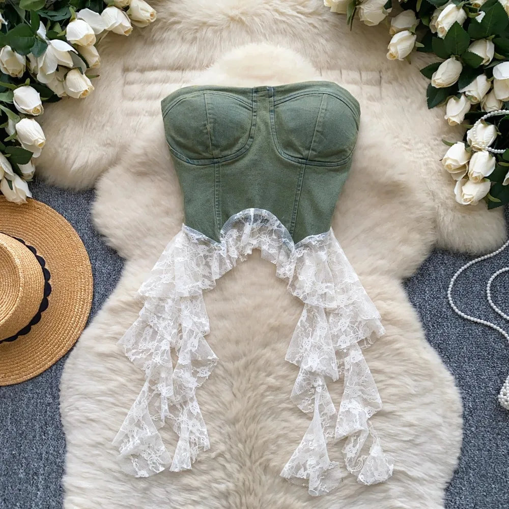 Sexy Spliced lace Chic Crop Top Korean Tanks Top Women Women Corset Bustier  women clothing
