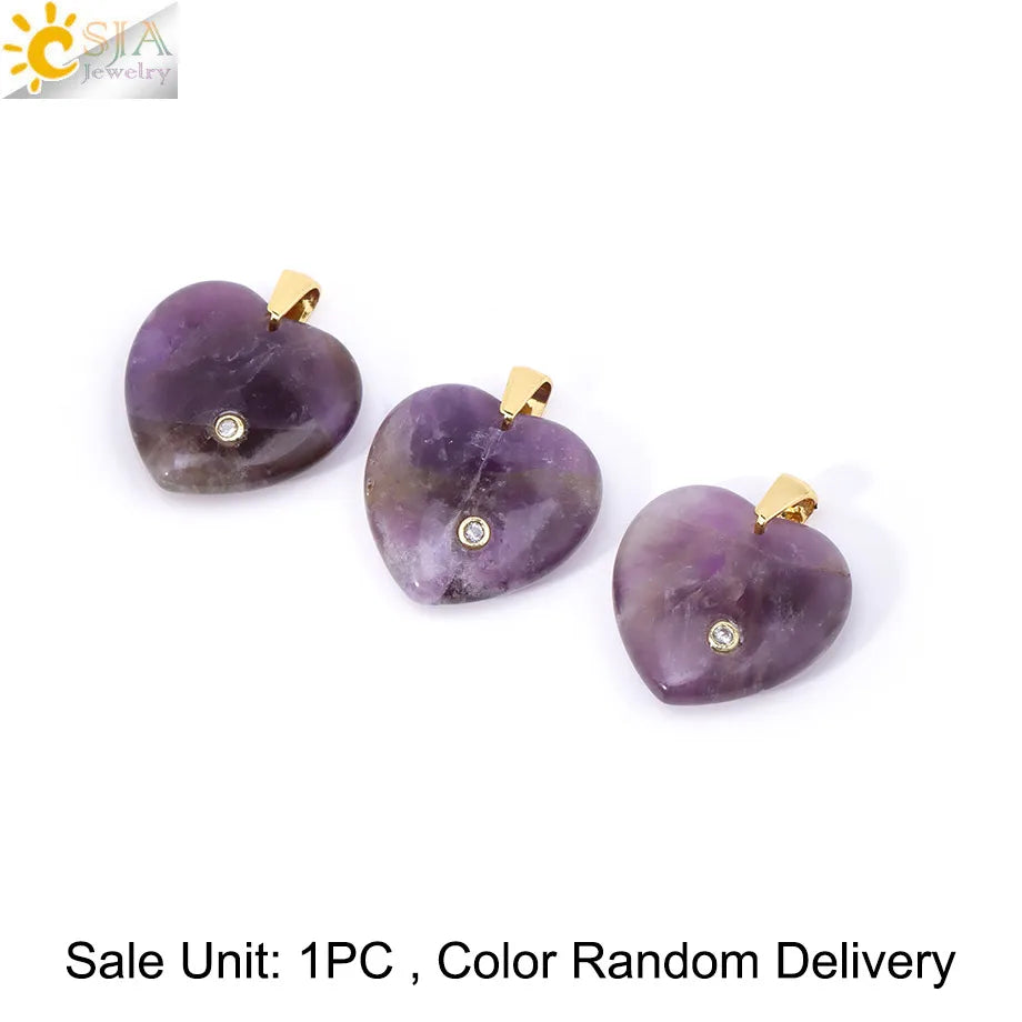 Csja Stainless Steel Heart Pendant Necklace With Natural Stone Amethyst Rose Quartz Crystal For Women DIY Jewelry Makers