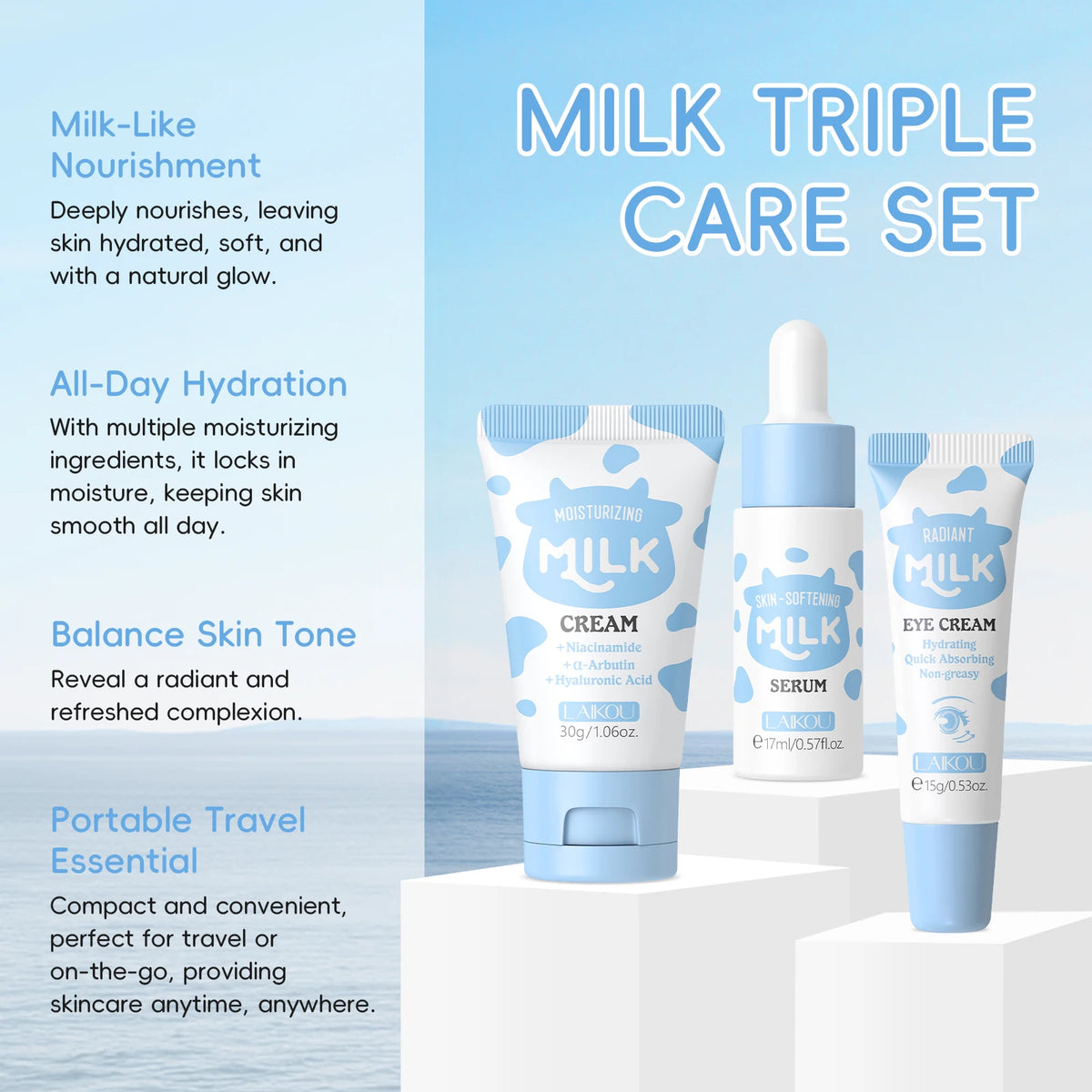 LAIKOU Milk Glowing Trio Skincare Set - Hydrating Serum & Cream Kit