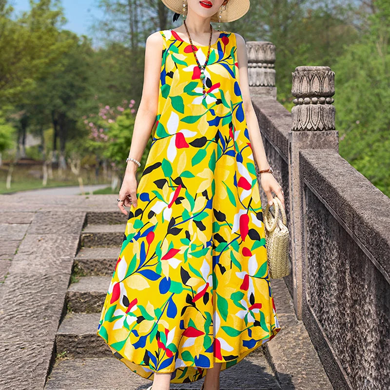 New Women Summer Dresses Vintage Dress FashionRobe Plus Size Sleeveless Femme Casual Print Dresses