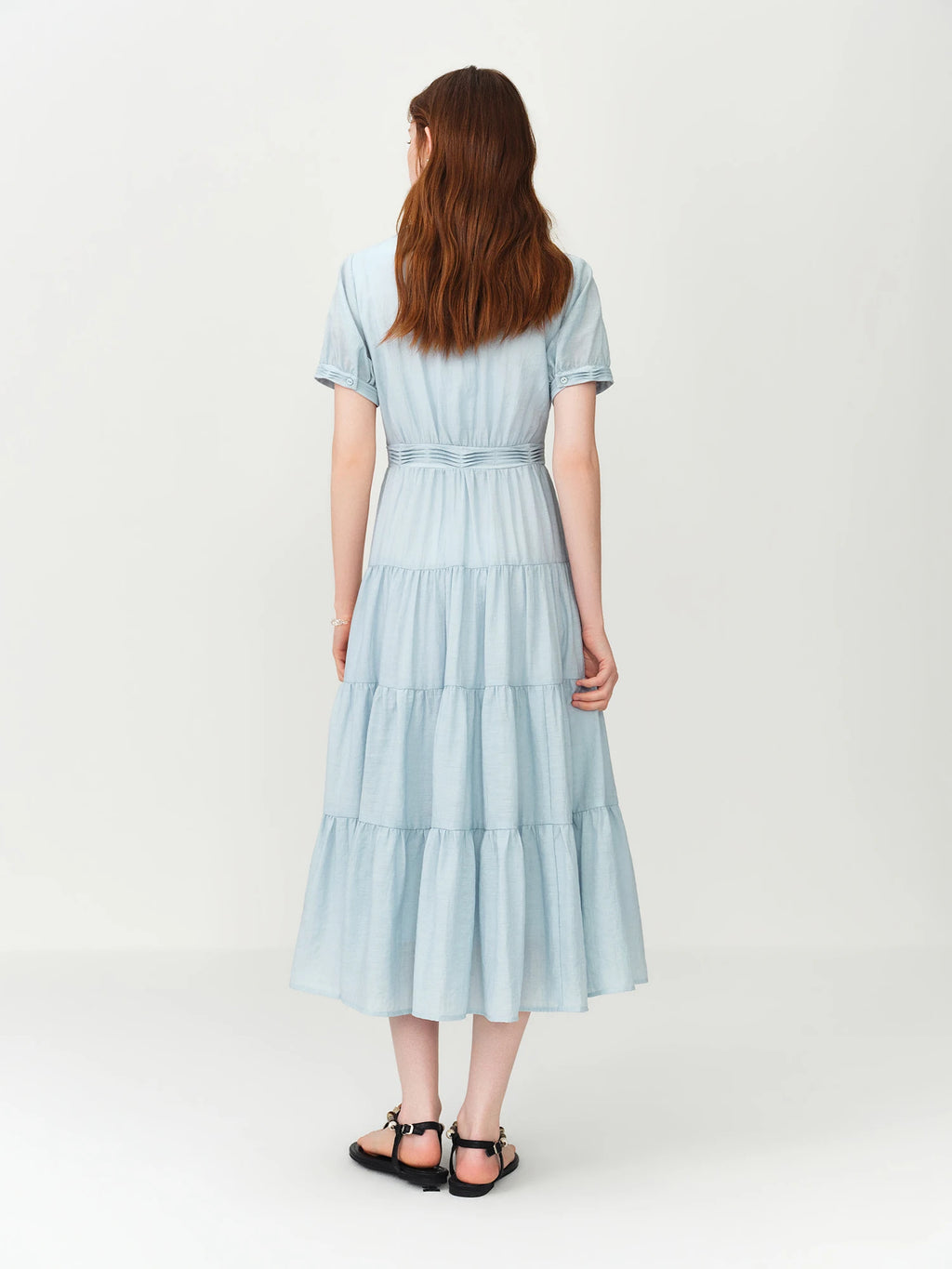 FSLE V-neck Puff Sleeve Pleated Waist Dresses Women New Summer 2026 High-waisted Cut Short Sleeve Mid-calf Length Fairy Dress